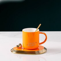 Z3JC 패밀리룩 심플 머그컵, 하트 오렌지 (스푼+접시+230ml)