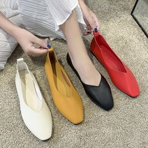 여자 스퀘어코 봄슈즈 블랙 브이 플랫슈즈