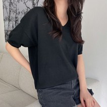 에이비랩스 여성용 국내제작 뱀부 브이넥 루즈핏 니트 반팔 티셔츠