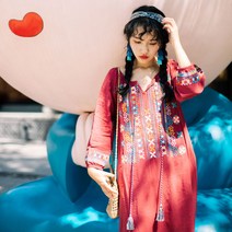 에스닉 바캉스 윈난 티베트 여행 자수 면 린넨 롱 스커트 칠부 소매 루즈 보헤미안 원피스