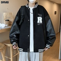 DFMEI 패치워크 모직 PU 가죽 야구복 남 자수 점퍼