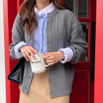 브이와이 VY 여자 롱슬리브 빅사이즈 꽈배기 크로쉐 가디건