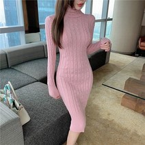 겨울 가을 옷 여신 무드 두꺼운 목폴라 슬림 힙랩 무릎넘어 트임 절개 슬릿 니트 원피스 여성
