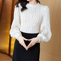 다이뻐 DAIBBU 리틀깽스 자체제작 44~88 빅사이즈 백화점퀄리티 스판 간절기 봄 가을 로맨틱 꽃자수 정장스타일 오피스룩 퍼프소매 레이스 블라우스