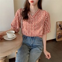 셔츠 여성 v넥 체크 무늬 루즈핏 우아한 얼짱 심플 올 매치 탑 레저 소프트 트렌디 시크 데일리 오피스 여성 블라우스