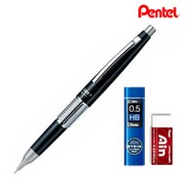 펜텔 만년 CIL 케리 샤프 블랙 0.5mm P1035-AD + AIN 샤프심 0.5mm HB + AIN 지우개 세트, 1세트