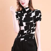 여성 주름옷 스탠딩 카라 여름 블랙 앤 화이트 반팔 플리츠 티셔츠