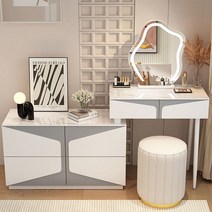 남쪽나무 LED조명 거울 화장대세트 확장형 서랍형 고급화장대, 80CM 4서랍장, 화장대+캐비닛+거울+의자A, 화이트 그레이