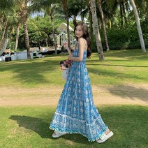블루 보헤미안 나시 원피스 휴가지룩