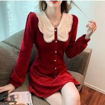 봄 가을 디자인 감각 인형 칼라 여성 A라인 스커트 벨벳 허리 조임 날씬해 보이는 원피스