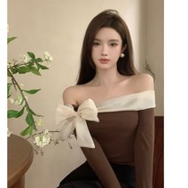 블라우스 티셔츠 슬림 오픈숄더 오프숄더 여성 긴팔 왕리본 러블리
