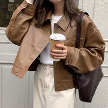 미드디엔 여성 세미 크롭 가죽 레더 자켓