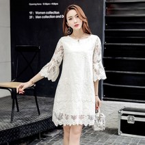 SJW 여성 여름 미디원피스 라운드 7부 나팔소매 루즈핏 레이스원피스 빅사이즈