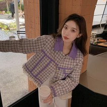 ZHIGE 여성 코트 봄 캐주얼 실제 유행 짧은 보라색 단일 브레스트 맛 가장자리 디자인은 높고 슬림 한 여성의 봄 옷을 보여줍니다.