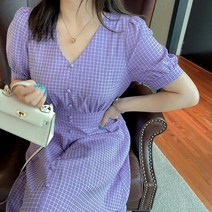 노카라 시어서커면 원피스 체크 퍼프 반팔 A핏 프릴 캐주얼 원피스 허리 고무줄 밴딩 치마