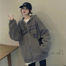 다크 그레이 느슨한 드로스트링 후디 지퍼 재킷 레터 프린트 플러스 벨벳 스웨트셔츠