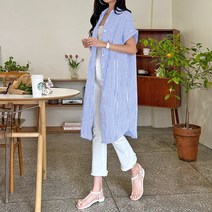 오션 스트라이프 롱 셔츠 오버핏 롱셔츠 빅사이즈 반팔셔츠