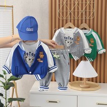 남아 여아 유아 아동 가을 4종세트 배색 야구 점퍼 곰돌이 티셔츠 밴딩 트레이닝 바지 모자 상하세트 그린 블루 간절기 형제룩 남매룩 자매룩 등원복 외출복 나들이룩