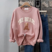 상상그이상 여성용 국내제작 베어기모 맨투맨 고급원단 부드러운 촉감 파스텔 귀여운 프린팅 가볍고 따뜻한 기모안감 꾸안꾸룩 패딩안에 입기 좋은 루즈핏 데일리템