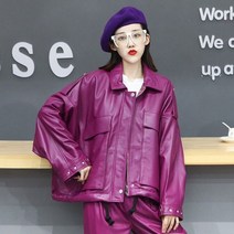 리얼 캐주얼 가죽 자켓 여성 Boyfriend 루즈 지퍼 양모 코트 스트리트 턴 다운 칼라 블랙/레드 바이커 펑크