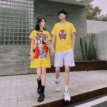 신혼여행 커플룩 허니문 원피스 커플티 휴양지 바캉스 시밀러룩 커플 복장 여름 정장 중국 스타일 국가 조수 인쇄 반팔 티셔츠 패션 슬리밍 느슨한 플러스 사이즈 드레스