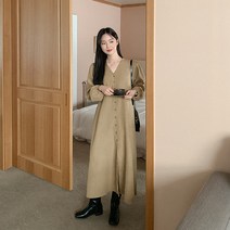 렐로나 브이넥 버튼 롱 원피스 68380 빅사이즈 여성의류