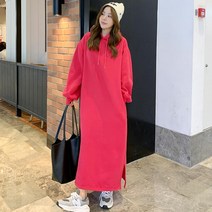 Momolatti 빅사이즈 여성 오버핏 후드 기모 긴팔 원피스