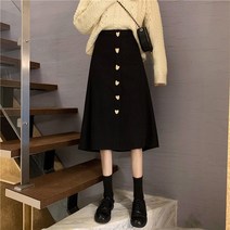 SJW 여성용 미디 스커트 A라인 플레어 하트 단추 치마 가을겨울 빅사이즈