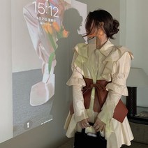 당일배송 (무배)(수입) 서예지 로에 가을 유니크 프릴퍼프 단추원피스+레더레이어드벨트세트 데이트룩