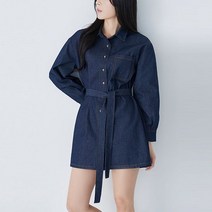 리틀마켓 A라인 루즈핏 포켓 생지 데님 벨티드 셔츠 미니 원피스 OB21B3