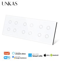 UNKAS 12 Gang WiFi 터치 온/오프 스마트 라이트 스위치 228mm 화이트 블랙 크리스탈 클래스 패널 작업 Tuy, 01 White_01 Null And Fire Line