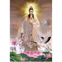 FUYUXIN DIY 보석십자수 3D 인테리어 연꽃 관음보살 불교 /세트 210731642, 90cm*130cm, 원형비즈