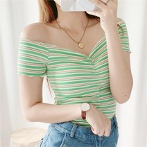 드레스날다 롤리팝 스트라이프 오프숄더 셔링 크롭티 tee740