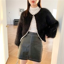 여성 반 집업 후드 니트 가디건 숏 크롭 캐시미어 루즈핏 핑크 레트로 진주 페르시 밍크 자켓 울 모헤어 코트 랜턴 슬리브 탑스