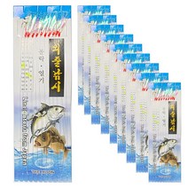 씨케이 / 10본 바늘 / 줄줄이 레인보우 어피 / 무지개 틴셀 / 야광 구슬 / 고등어 메가리 볼락 열기 외줄 낚시 카드 / 10개 한 세트