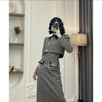 고급 투피스 스커트 세트 여성 하운드 투스 체크 나시 원피스 반코트