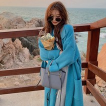 니트 롱가디건 블루 레트로 홍콩 스타일 롱 스웨터 가을 수준의 소프트 밀랍 루즈핏 카디건 재킷