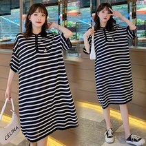 대량 여름 스트라이프 니트 임산부 루즈 원피스