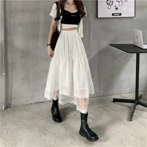 울플리츠스커트 롱 모직 주름스커트 블랙 고딕 레이스 스티칭 불규칙한 플리츠 스커트 여성