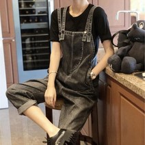 아디핏걸 진청 이지 데님 멜빵바지 루즈 임산부복