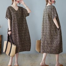 오버사이즈 여성 면 마 반팔 원피스 브이넥 원피스 Whr1053