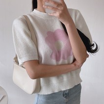 제이에프앤씨 꽃무늬 자수 여자 반팔 니트 티셔츠