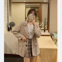 여성 아우터 자켓 캐쥬얼 긴팔 롱 패턴 체크 블레이저