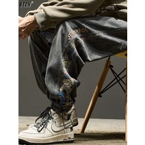 긴바지 와이드바지 카고팬츠 청바지 남성 봄과 가을 ruffian 잘 생긴 검은 레깅스 바느질 곰 자수 복고풍 하이 스트리트 바지 오버올