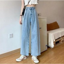 Momolatti 여성용 레이스 +요대 베이직 일자 와이드 데님 팬츠