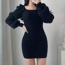 퍼프소매 스퀘어넥 골지 니트 미니 원피스 3Color