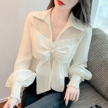 리본 광택 튤립 임보라 미니 남보라 려원 오프숄더 키작녀 쉬폰 퍼프소매 왕리본 블라우스