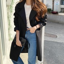 여자 겨울코트 견장 버클 스트랩 블랙 면 트렌치 코트