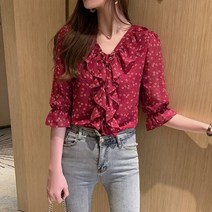 퐁순싸롱 5부 소매 꽃 무늬 프릴 쉬폰 셔츠 프릴 블라우스 SH