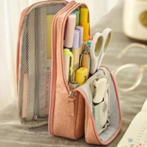 글로벌엔터랭크 스탠드 받침필통 / 세우는 필통 / 투지퍼 대형필통 / 수납많은필통 / 파우치필통 / 봉제필통, 다크파우더